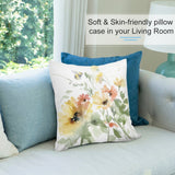 Soft plush pillow cover with watercolor floral and bee design for sofa or couch. Home decor accent.
