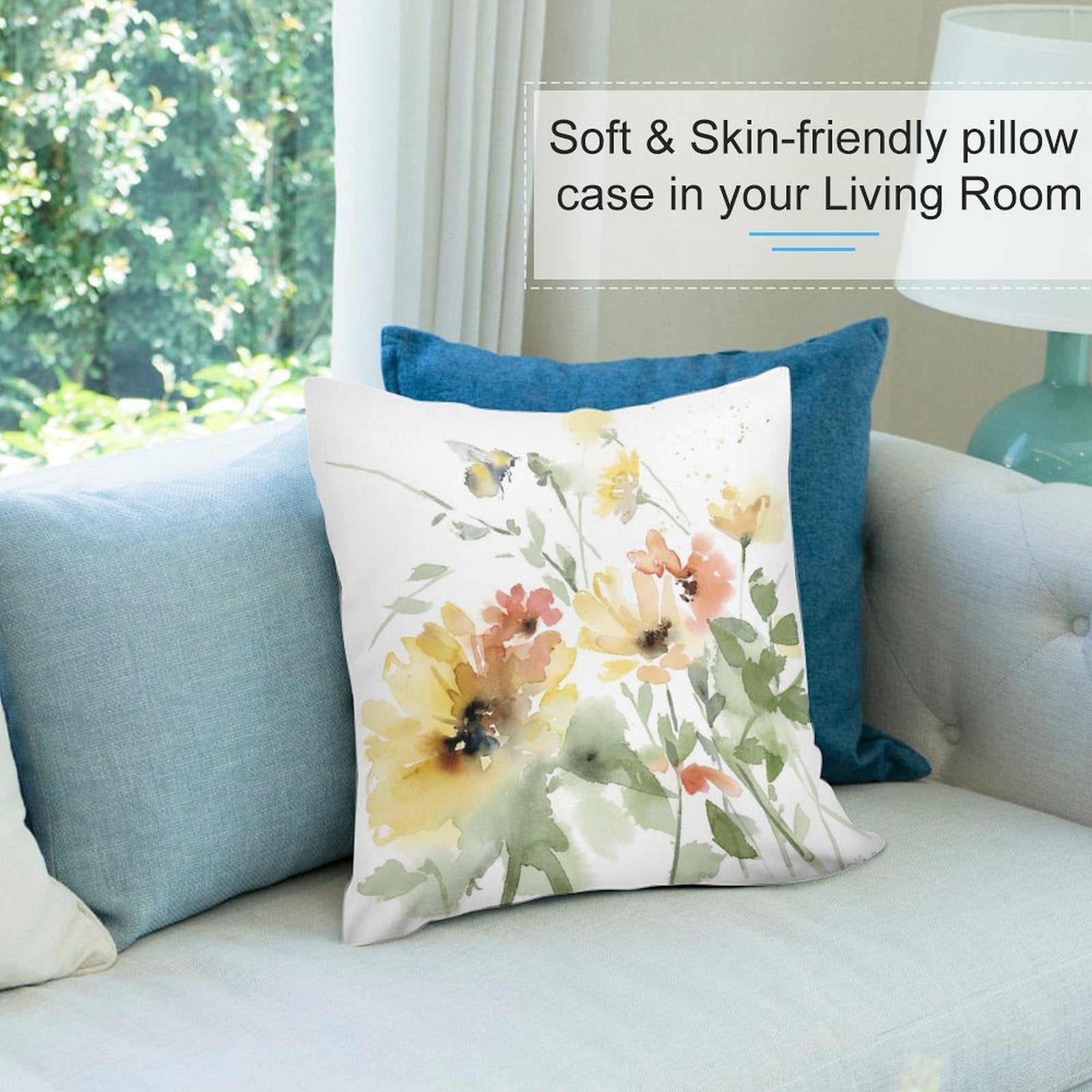 Soft plush pillow cover with watercolor floral design for sofa, couch, or living room. Features soft flowers and bee design.