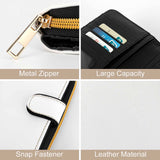 White PU leather wallet featuring metal zipper, snap fastener, and large capacity card slots, a perfect personalized gift.