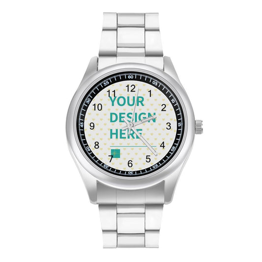 Custom photo watch with "YOUR DESIGN HERE" on a white dial, stainless steel bracelet, personalized gift for family
