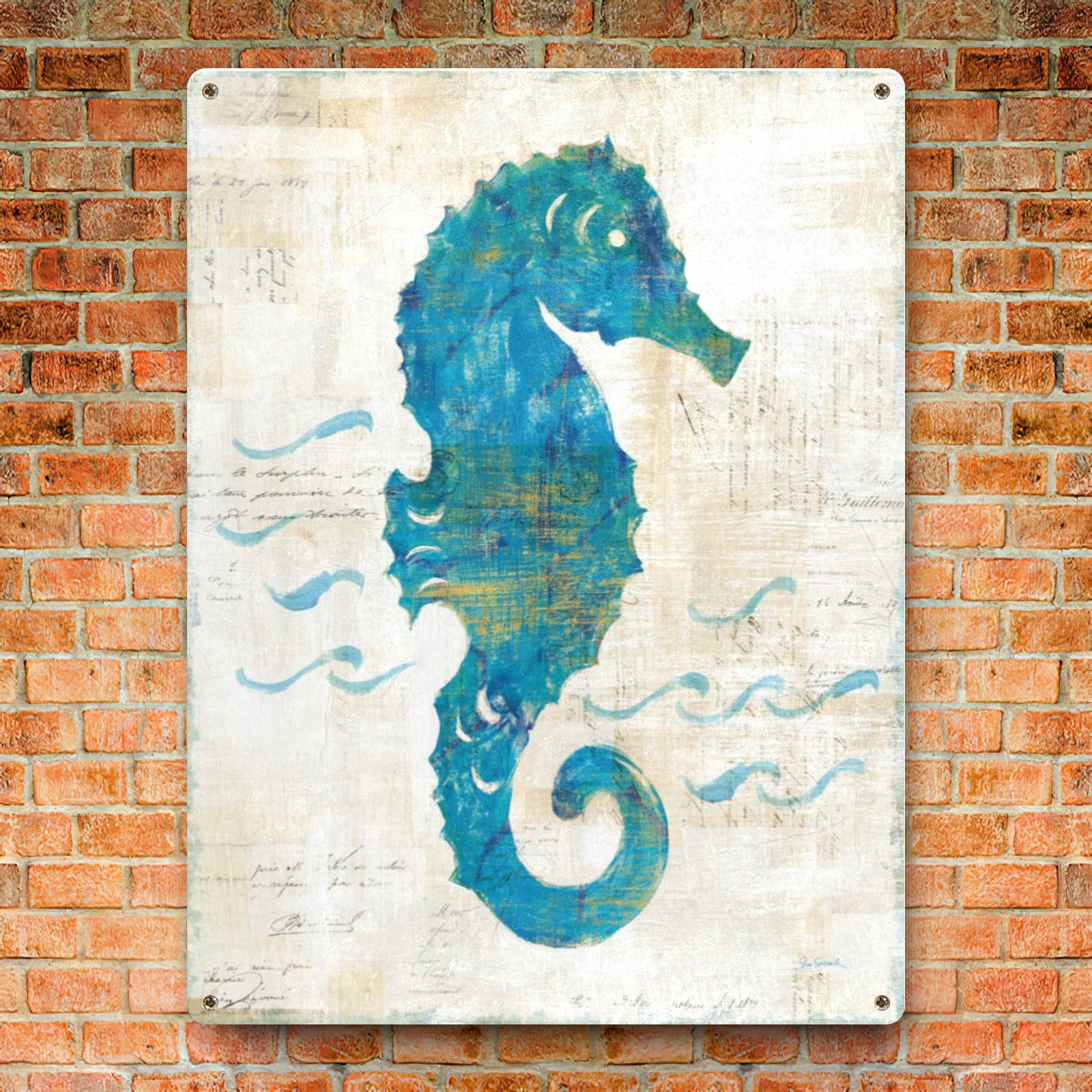 Blue seahorse metal sign 'On the Waves III' beach art, iron wall decor