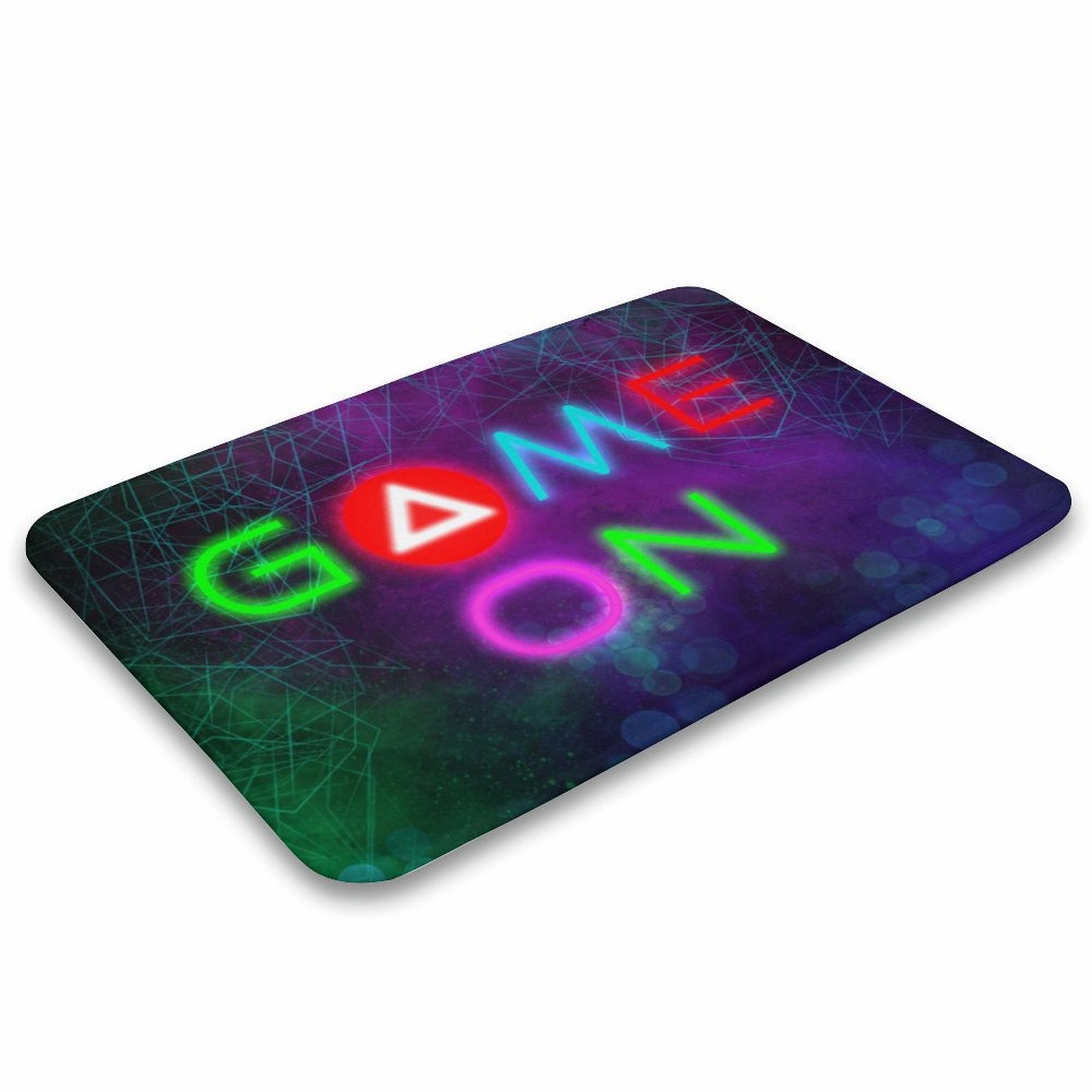 Coral velvet bath rug with neon "GAME ON" design, non-slip bathroom rug