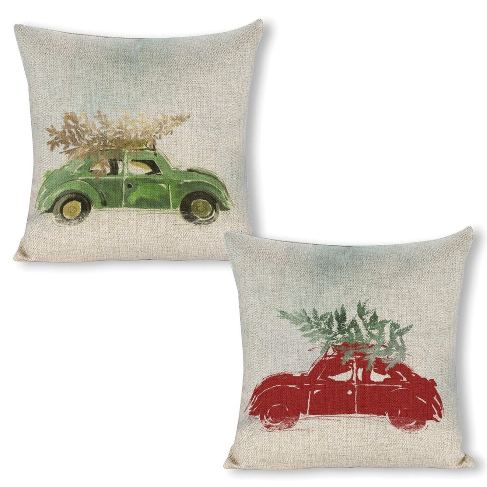 Christmas pillow covers, linen throw pillows with green and red cars carrying Christmas trees, for sofa, couch, bed.