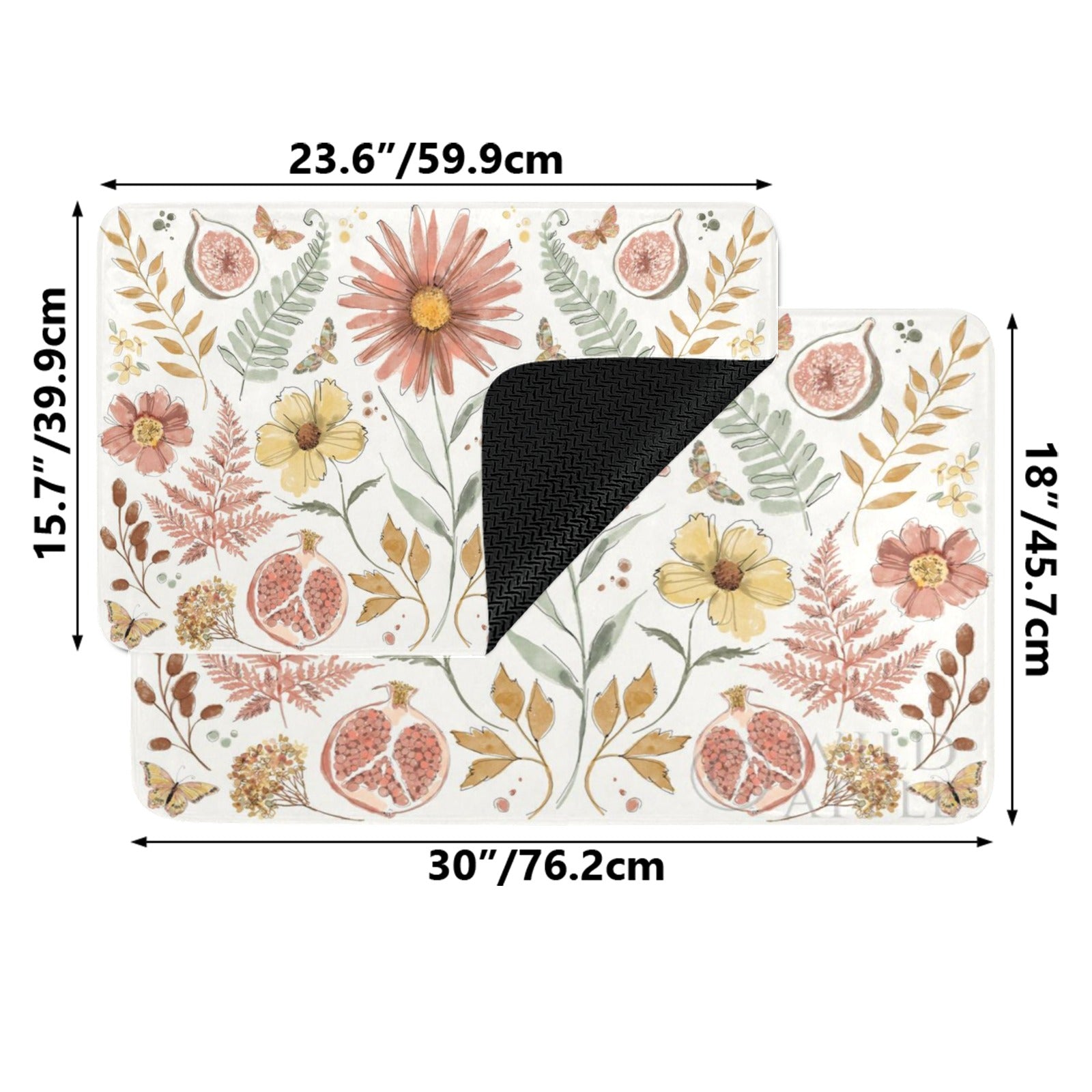 Floral entrance doormat with watercolor flowers, fruits, and butterfly design; rubber floor mat with size info