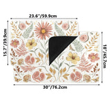 Floral entrance doormat with watercolor flowers, fruits, and butterfly design; rubber floor mat with size info
