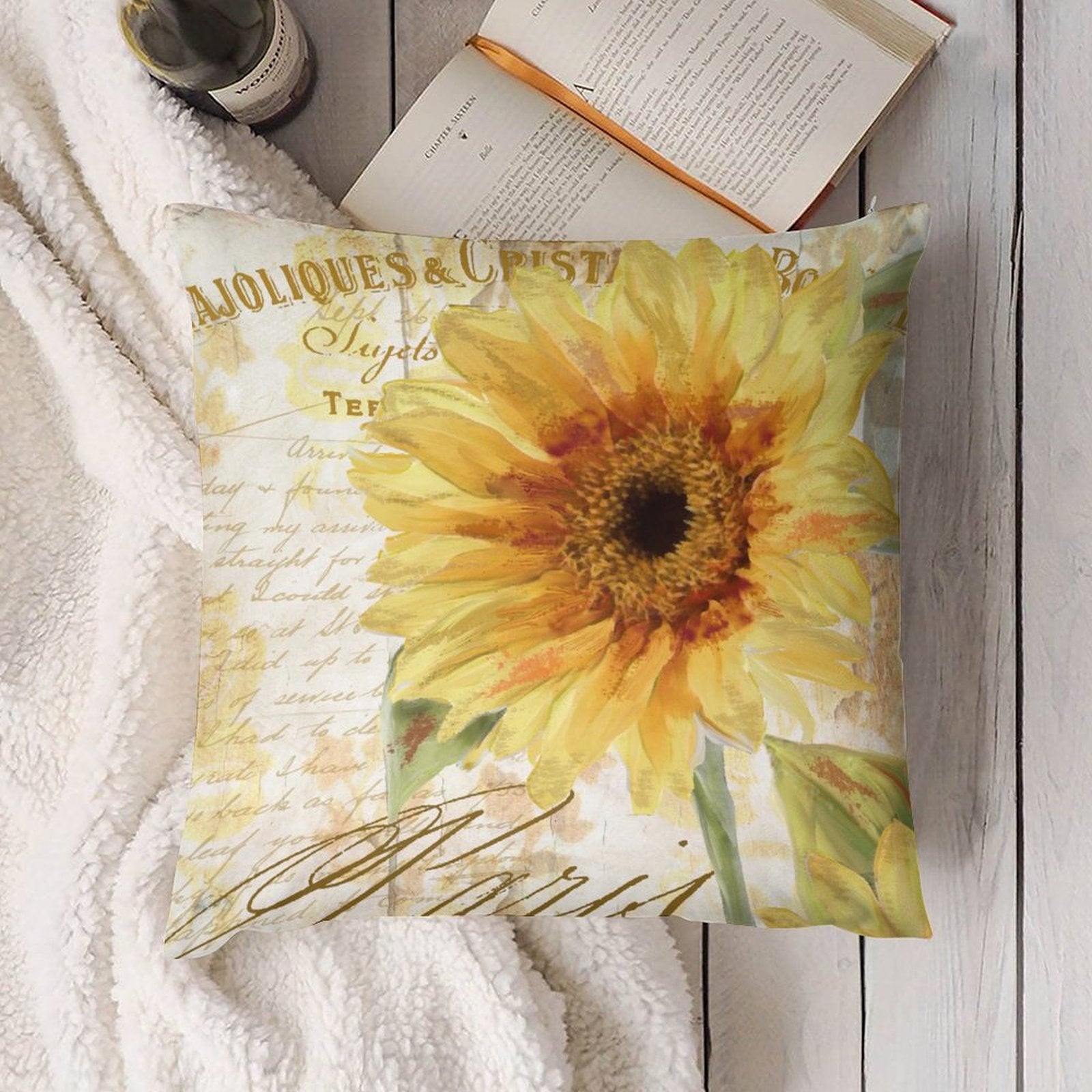 Sunflower design short plush pillow cover, home decor for sofa or car