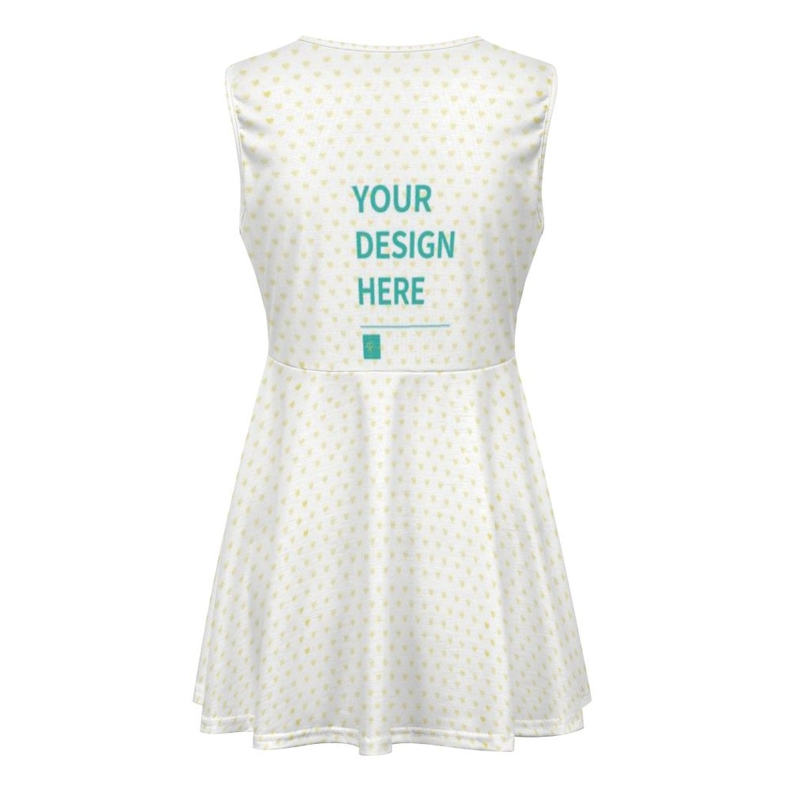 Custom cheerleading dress mockup, white heart pattern with 'YOUR DESIGN HERE', perfect for personalization.
