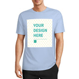 Light blue custom unisex t-shirt with 'YOUR DESIGN HERE' graphic for men & women. Unique gift from MyArtsyGift.