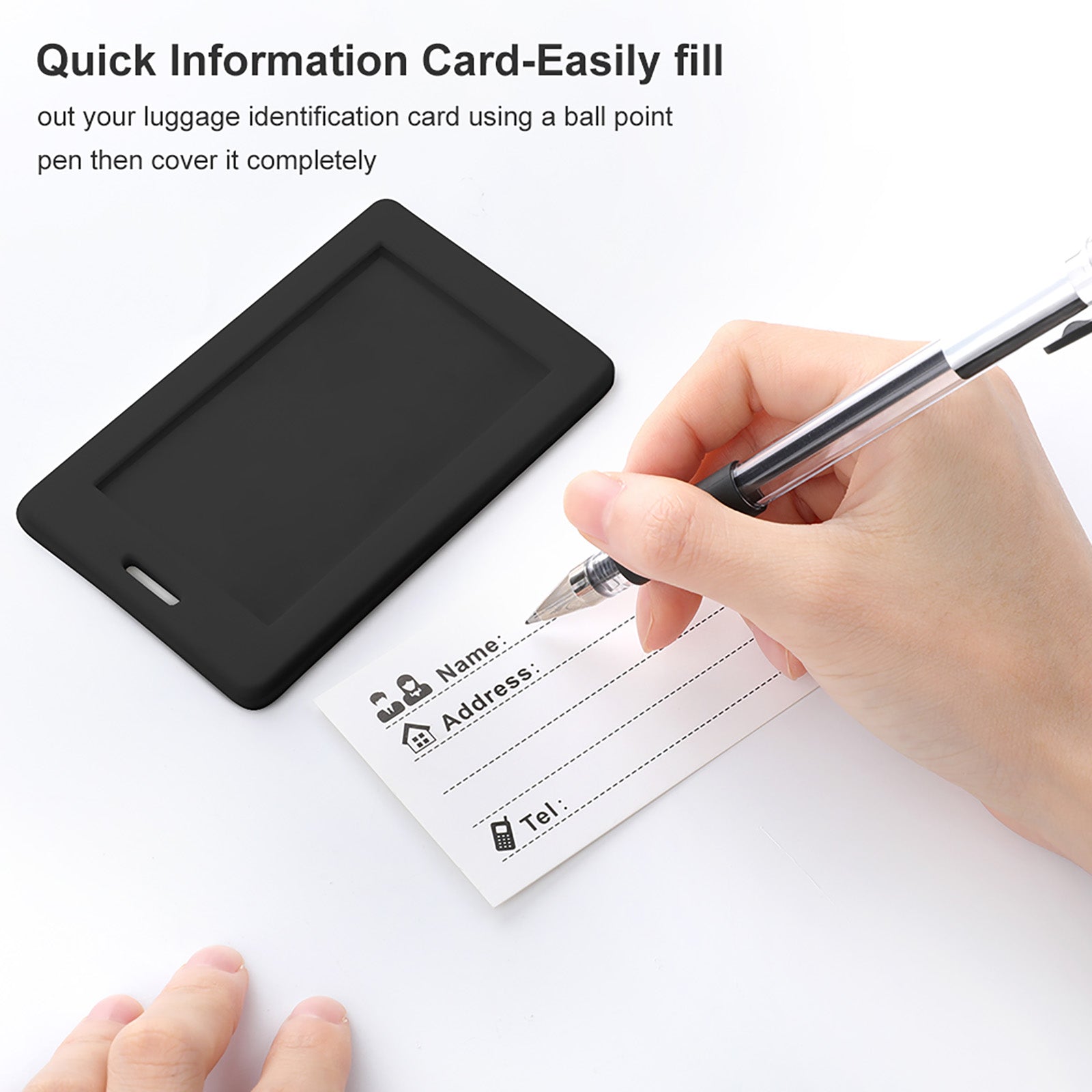 Filling out black TPU luggage tag info card. Personalized travel tag for suitcase with name, address, and tel.