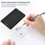 Filling out black TPU luggage tag info card. Personalized travel tag for suitcase with name, address, and tel.