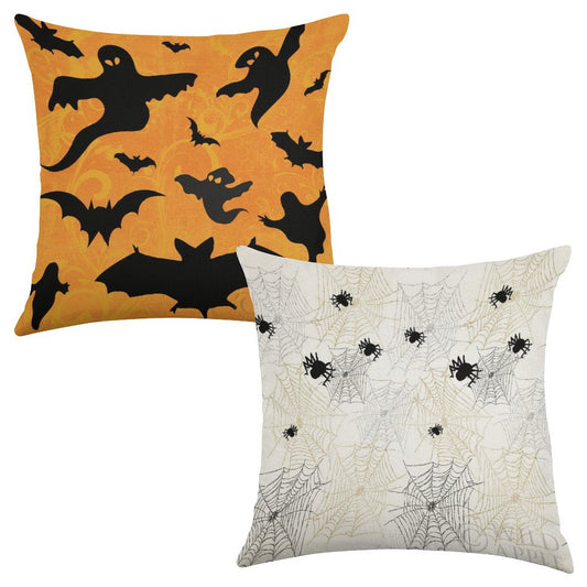 Halloween Linen Throw Pillow Case Set of 2 for Living Room - Ghosts and Spiders Design