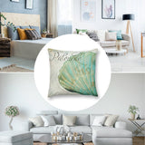 Short plush pillow cover featuring teal seashell art with 'Palourde' text for home decor