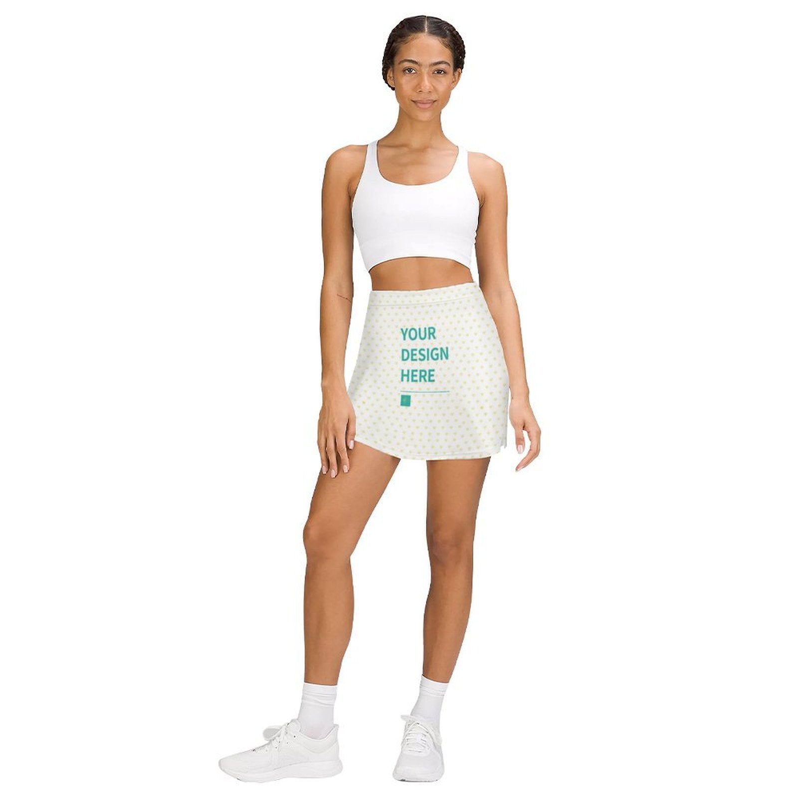 Customizable tennis skort with "YOUR DESIGN HERE" text, high-waisted design, heart print, perfect for golf or tennis
