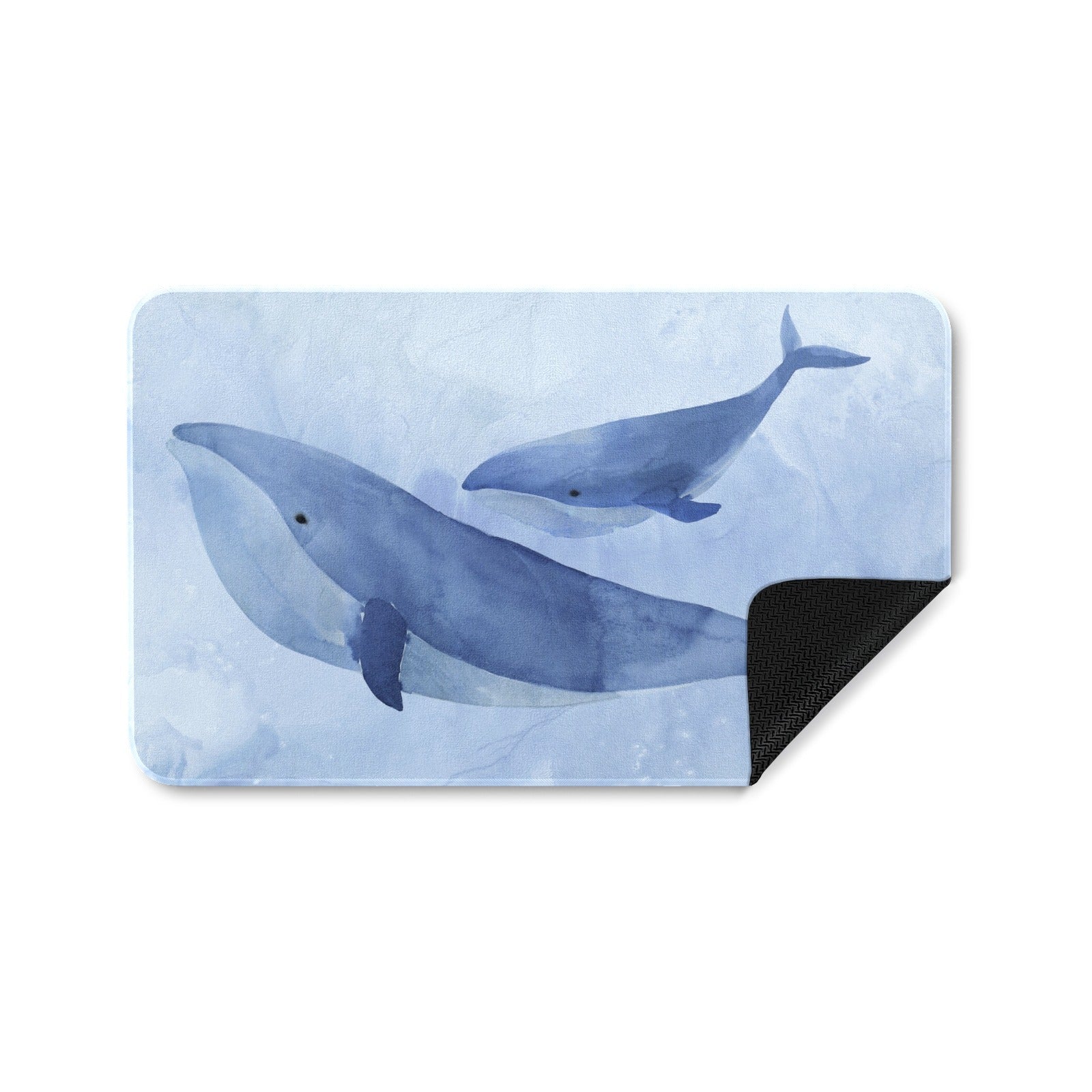 Blue Whale II Doormat with watercolor whales on blue background