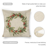 Christmas linen pillow cover with wreath design, durable fabric for couch and bed.