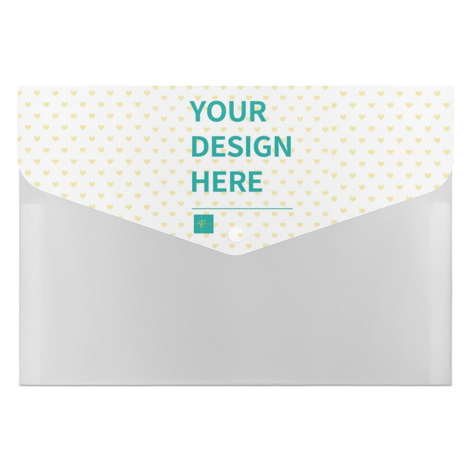 Customizable PP expanding file folder with 'YOUR DESIGN HERE' text; a portable organizer for school office supplies.
