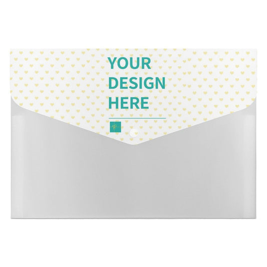 Customizable PP expanding file folder with 'YOUR DESIGN HERE' text; a portable organizer for school office supplies.
