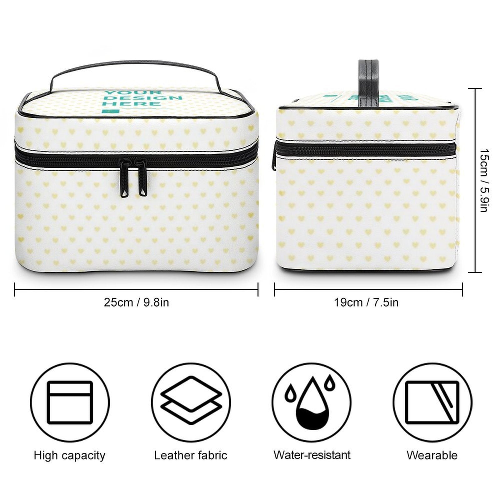 Personalized makeup bag with lychee pattern, custom design, travel-friendly, water-resistant.