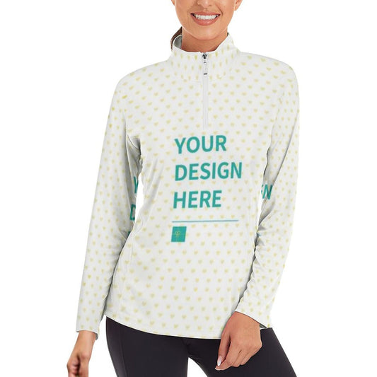 Custom long sleeve yoga shirt for woman, white with heart pattern and YOUR DESIGN HERE, half-zip workout top, made of Lycra
