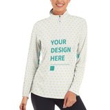 Custom long sleeve yoga shirt for woman, white with heart pattern and YOUR DESIGN HERE, half-zip workout top, made of Lycra