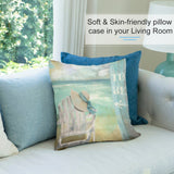 Beach pillow cover with ocean scene, chair, hat. Soft, skin-friendly plush decorative pillow for living room