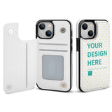 White iPhone 13 series wallet case with custom design, card slot, and 'YOUR DESIGN HERE' text