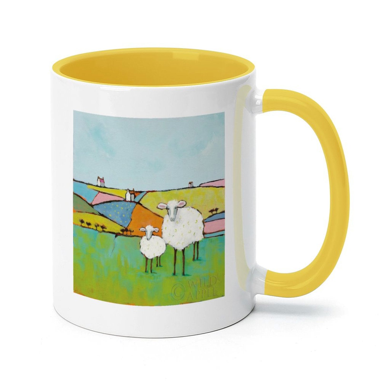 White ceramic mug, sheep art, yellow handle and interior, Wild Apple design, perfect gift from MyArtsyGift
