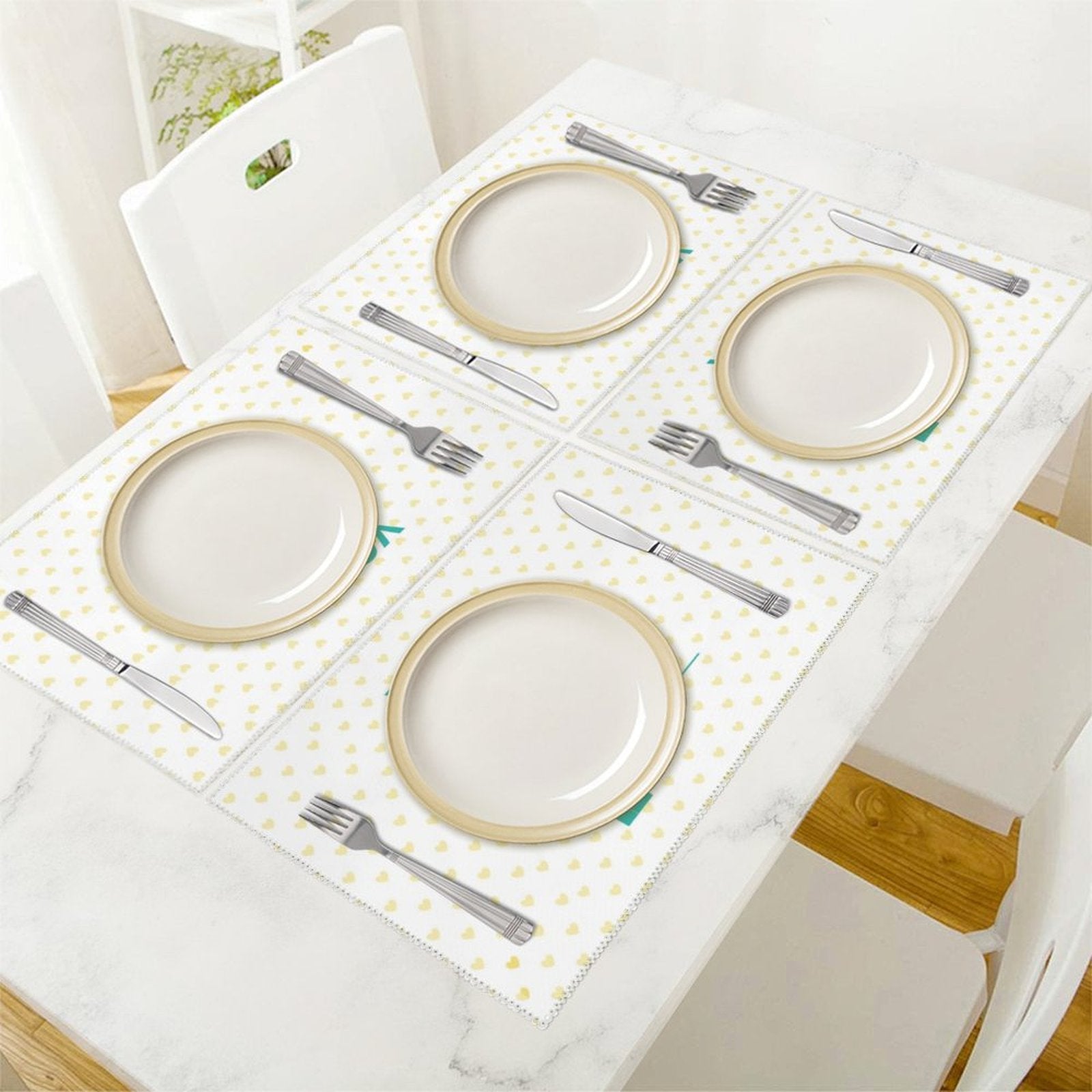 Set of 6 personalized washable placemats with plates, forks, and knives on a dining table, heart pattern design
