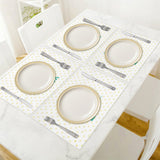 Set of 6 personalized washable placemats with plates, forks, and knives on a dining table, heart pattern design