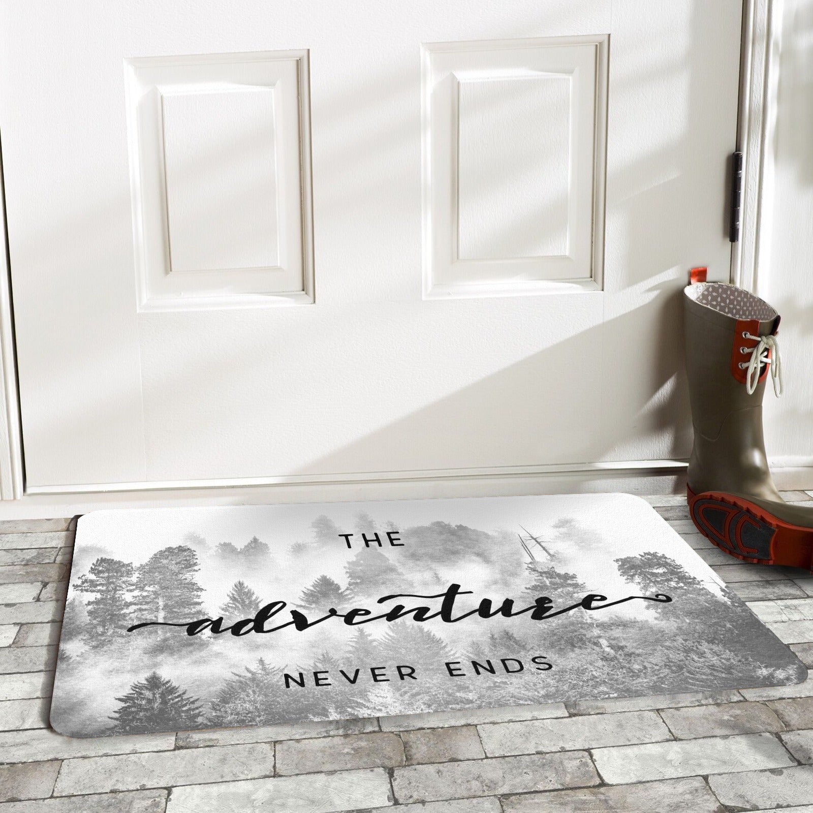 Forest doormat with "Adventure Never Ends" quote, rubber floor mat for front door