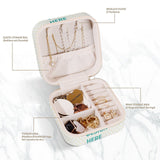Cream PU leather travel jewelry box with necklace hooks, ring slots, and storage. Customizable with 'Design Here' text.