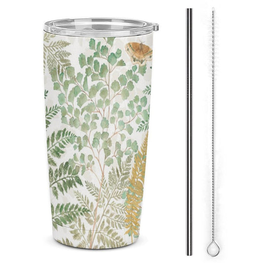 Stainless steel travel mug with fern and butterfly design, great birthday or Christmas gift.