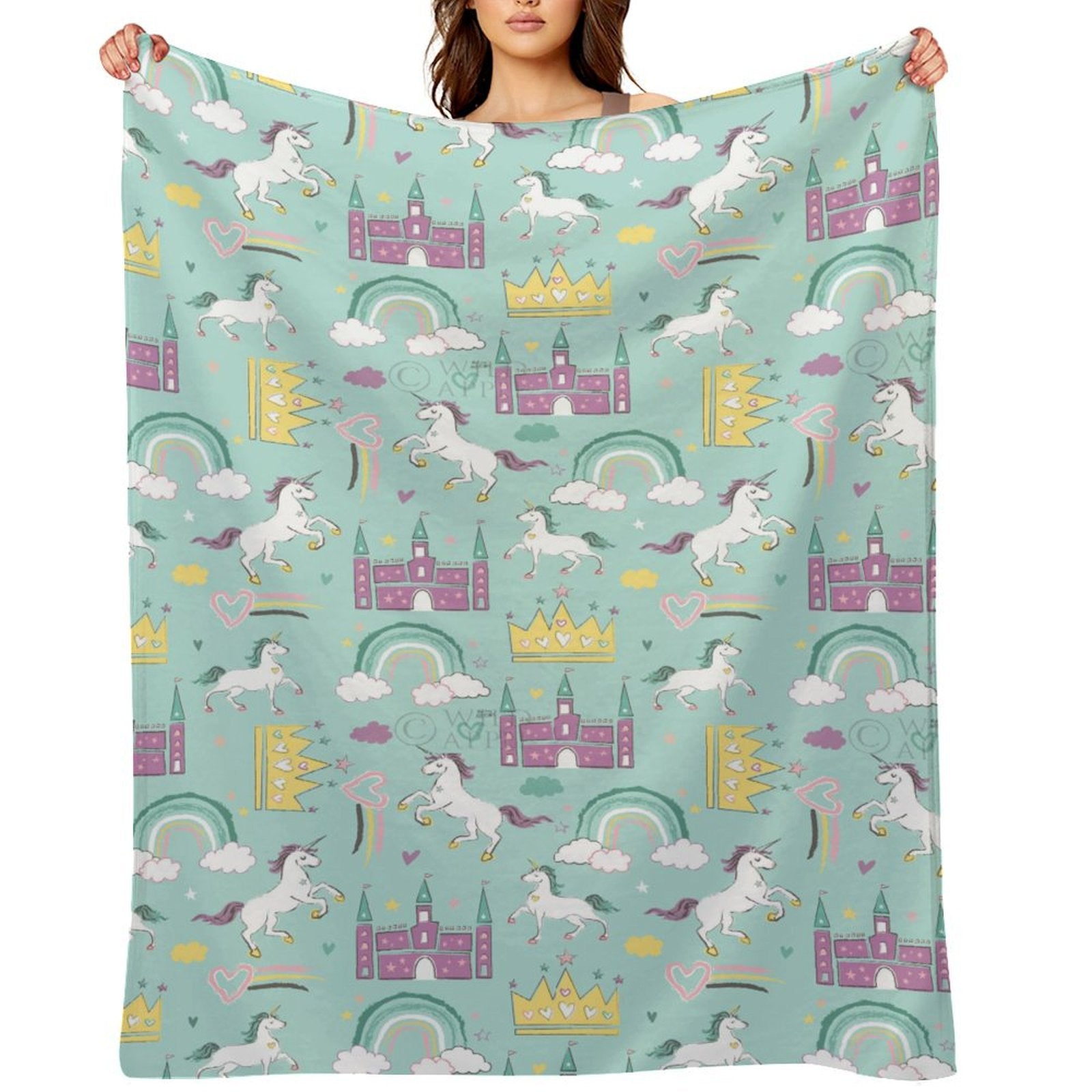 MyArtsyGift Rainbow Dream Fleece Blanket with unicorns, castles, and rainbows, perfect for cozy comfort and travel.