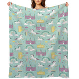 MyArtsyGift Rainbow Dream Fleece Blanket with unicorns, castles, and rainbows, perfect for cozy comfort and travel.