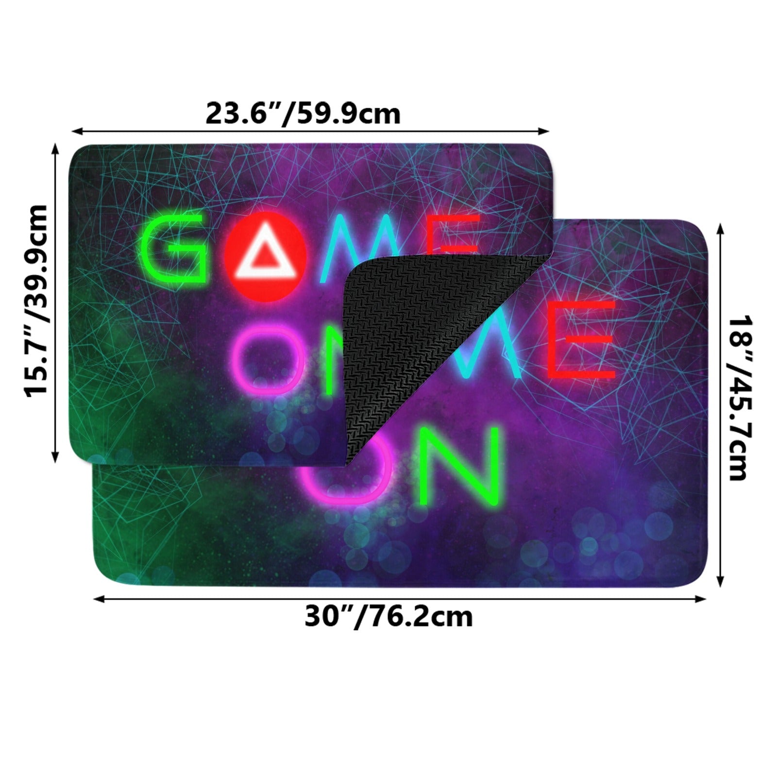 Game On entrance doormat, rubber floor mat with neon gaming design for entryway or home decor