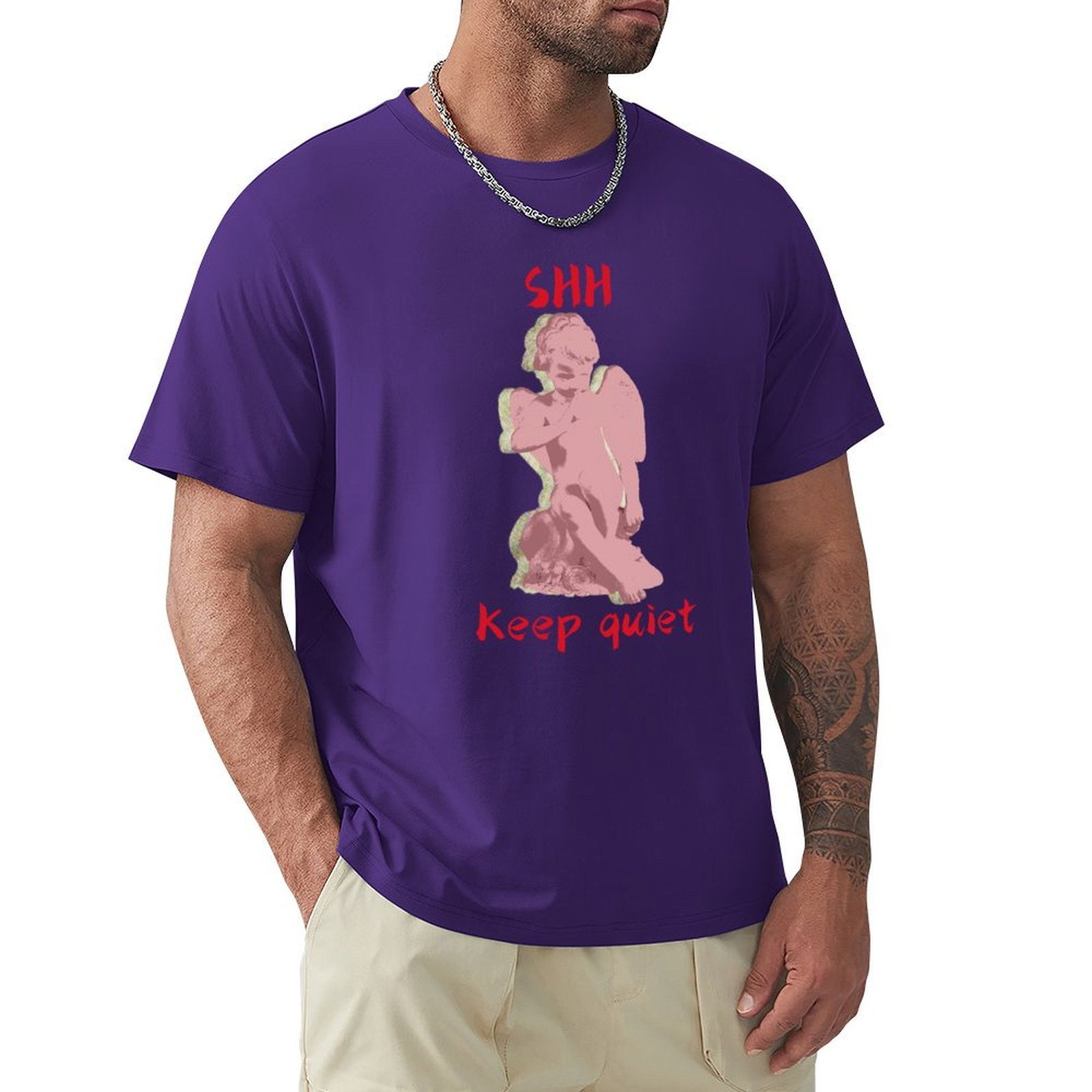 Men's purple crew neck t-shirt with pink angel graphic and "SHH Keep quiet" text