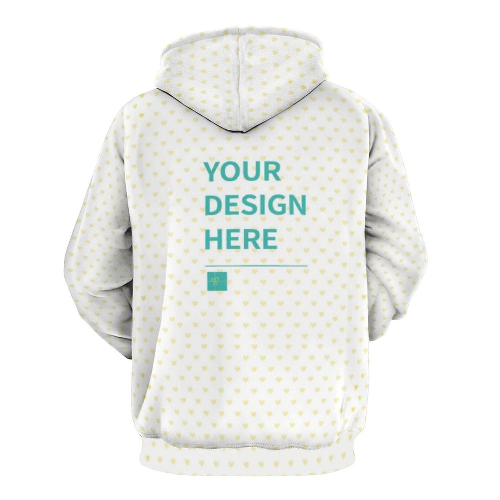 Customizable white men's hoodie with heart pattern and 'YOUR DESIGN HERE' text, MyArtsyGift