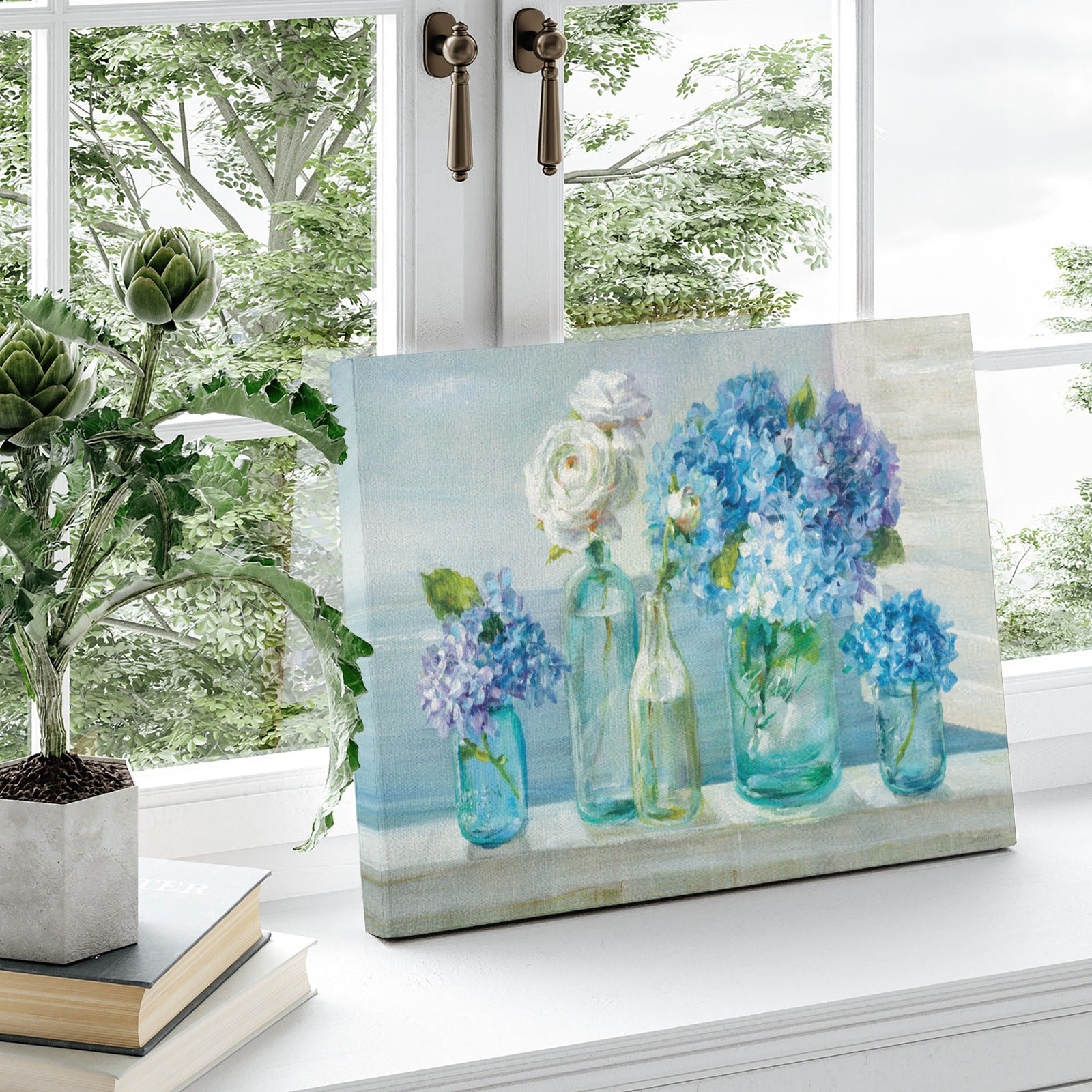 Canvas print of blue hydrangeas and white roses in glass jars, wall decor.