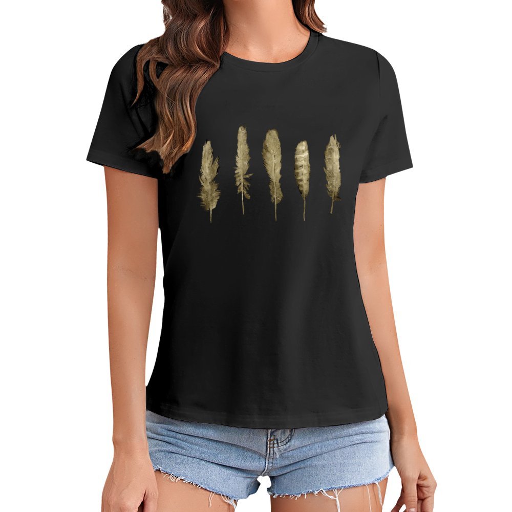 Women's black t-shirt with gold feather graphic print