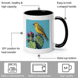 White ceramic mug with bird and cacti bloom design, black handle, dishwasher/microwave safe, MyArtsyGift