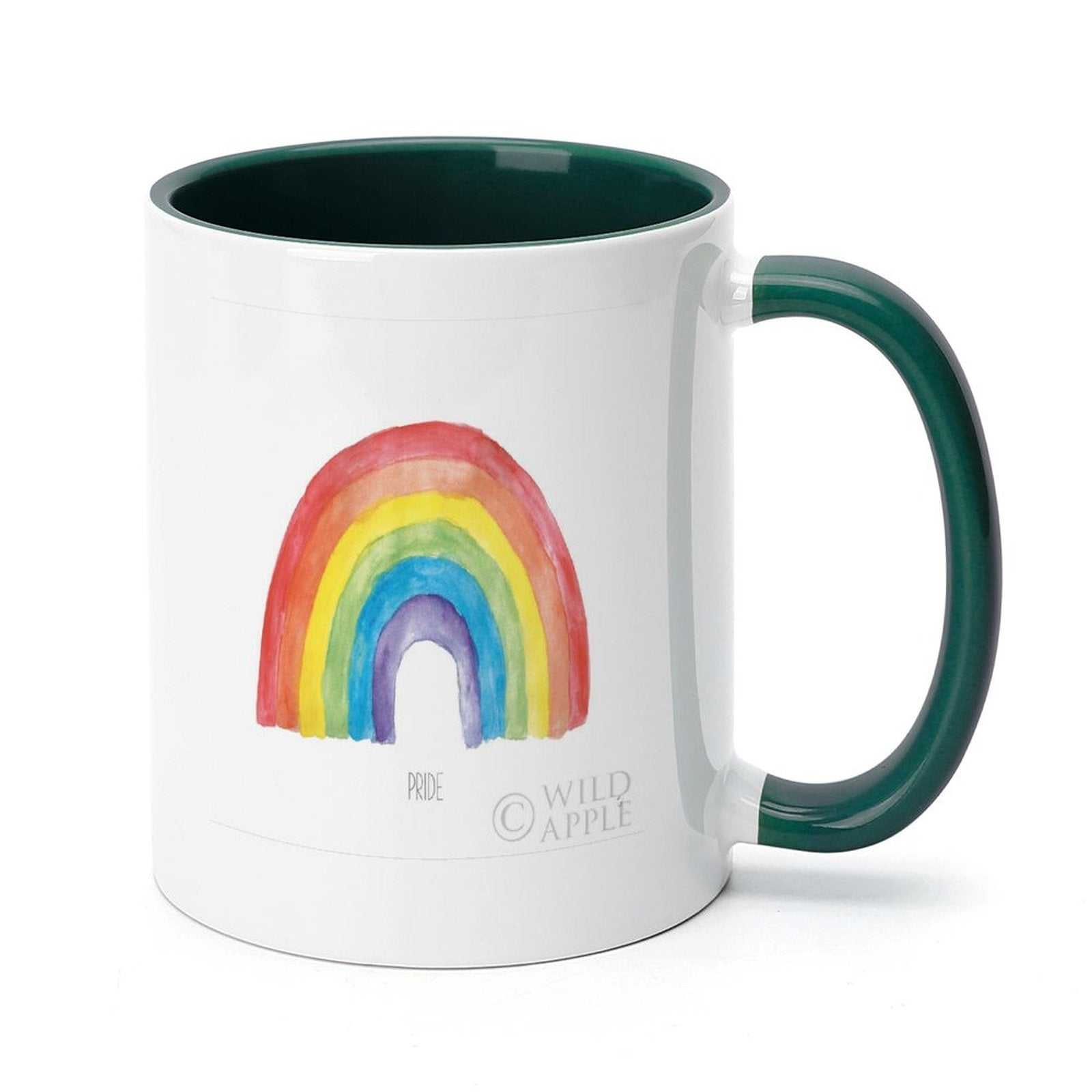 White ceramic Pride mug with rainbow design, green inner color, from MyArtsyGift, customizable gift. Pride. Wild Apple.