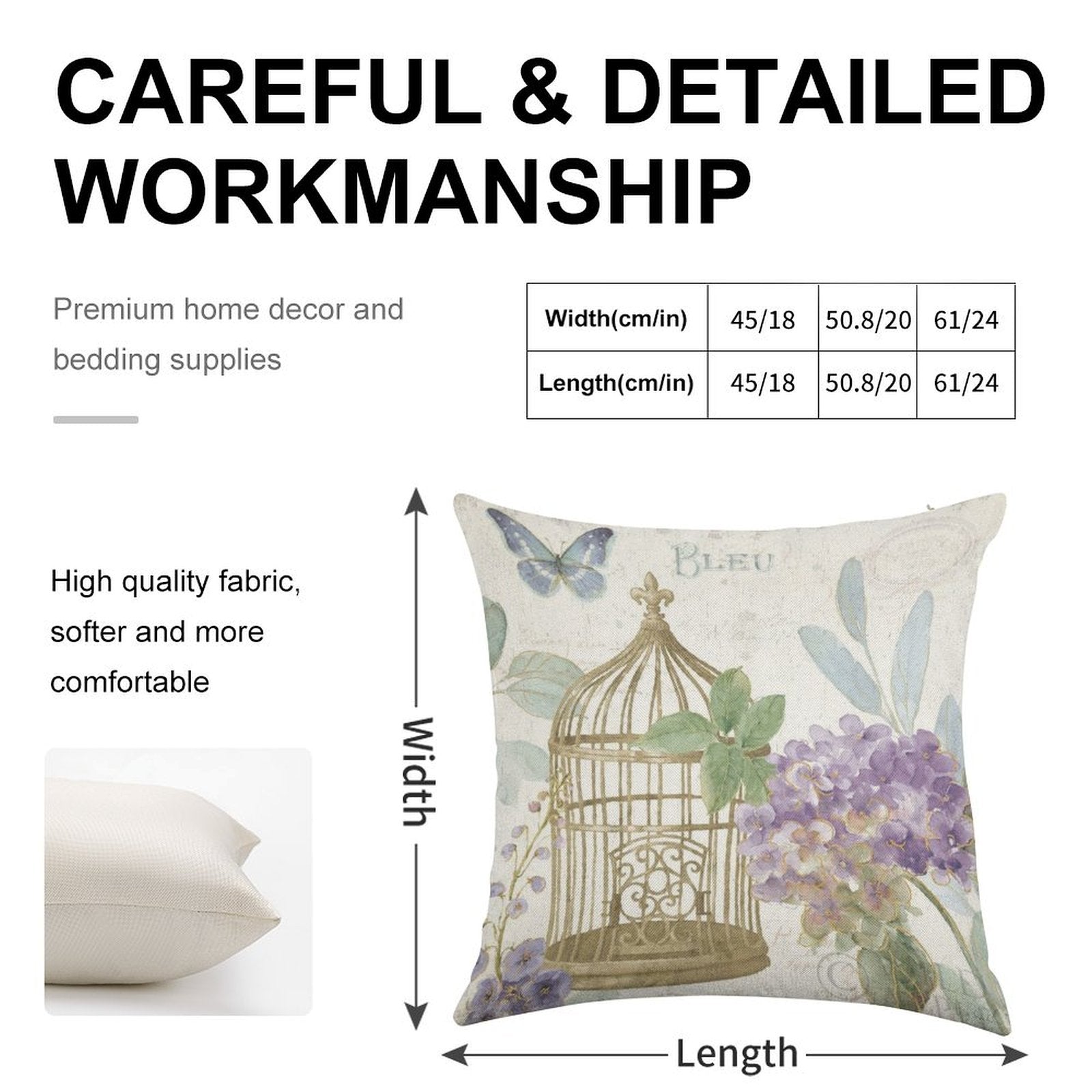 Linen throw pillow case with floral birdcage design for living room, detailed workmanship, and high quality fabric.