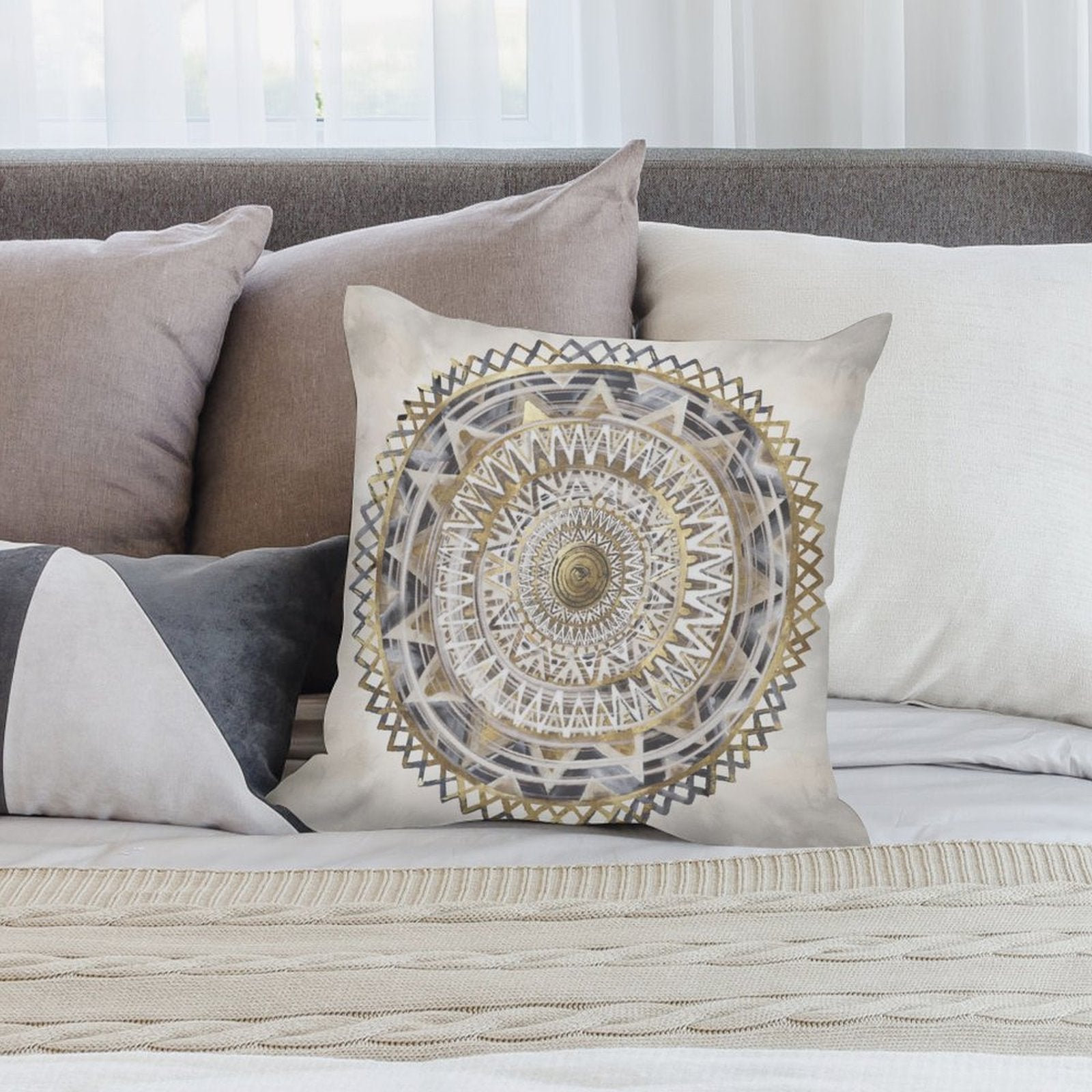 Mandala design plush pillow cover, soft fluffy material, gold, gray and white colors, sofa decor
