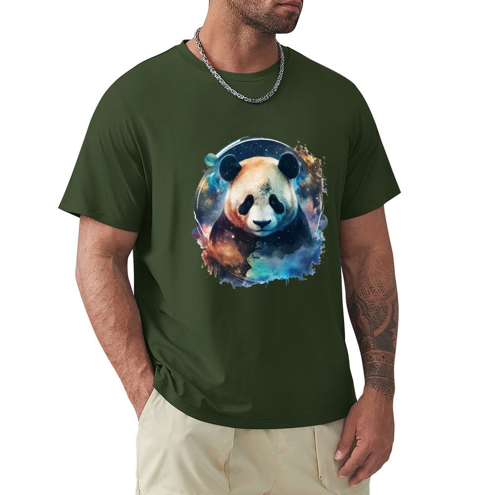 MyArtsyGift men's green crew neck t-shirt with panda bear graphic, comfortable cotton tee