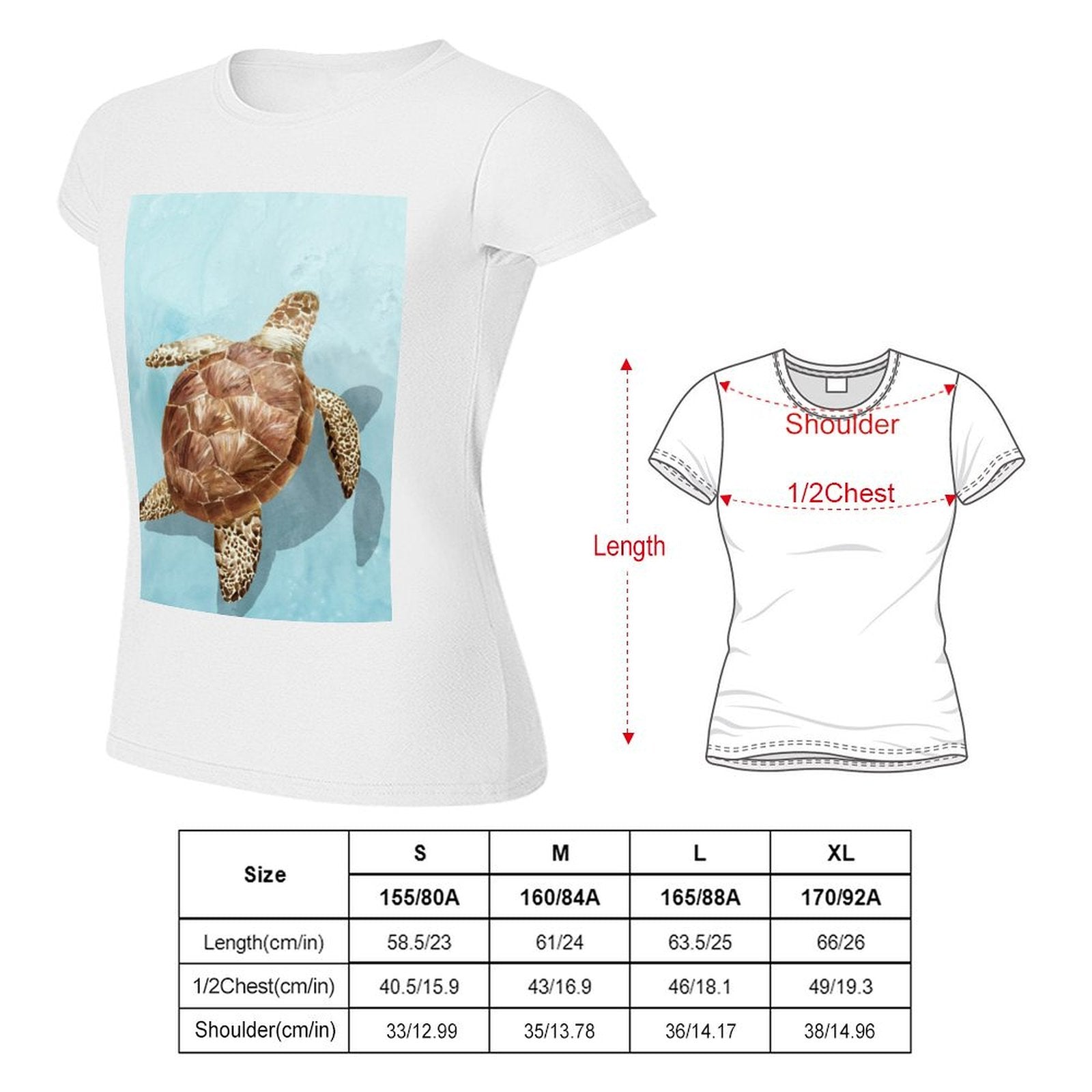 White women's t-shirt with sea turtle design graphic, includes size chart with measurements.