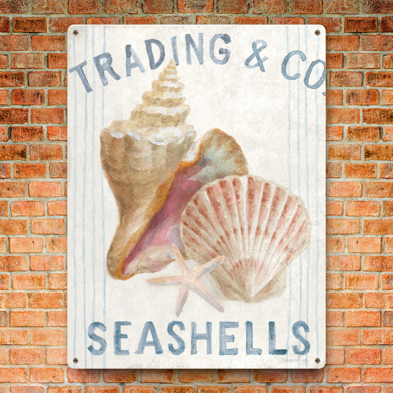 Metal sign with Seashells art, perfect for beach decor, mounted on brick wall