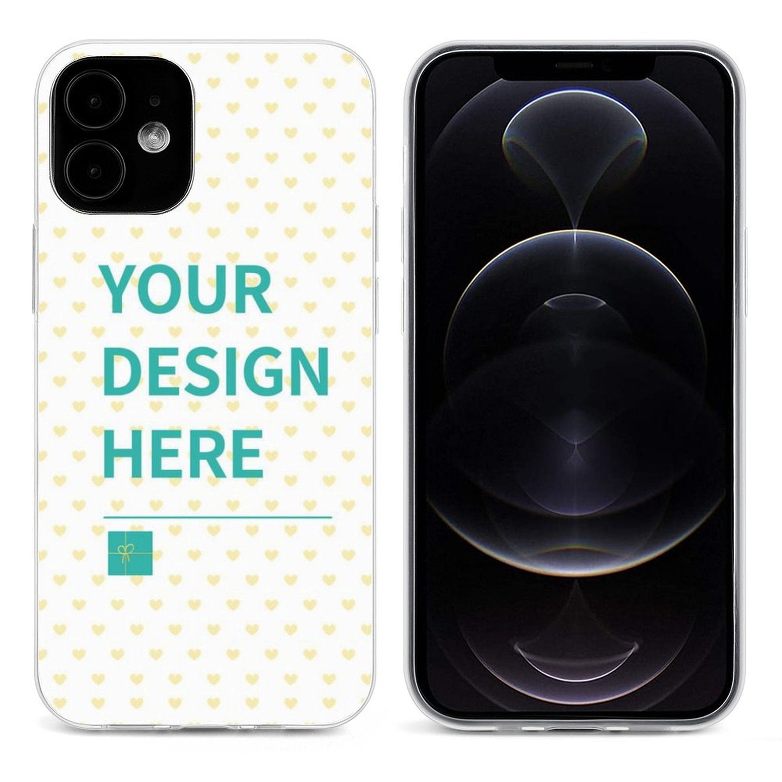 Custom iPhone 12 case with heart pattern. Showcasing the "YOUR DESIGN HERE" personalization option.
