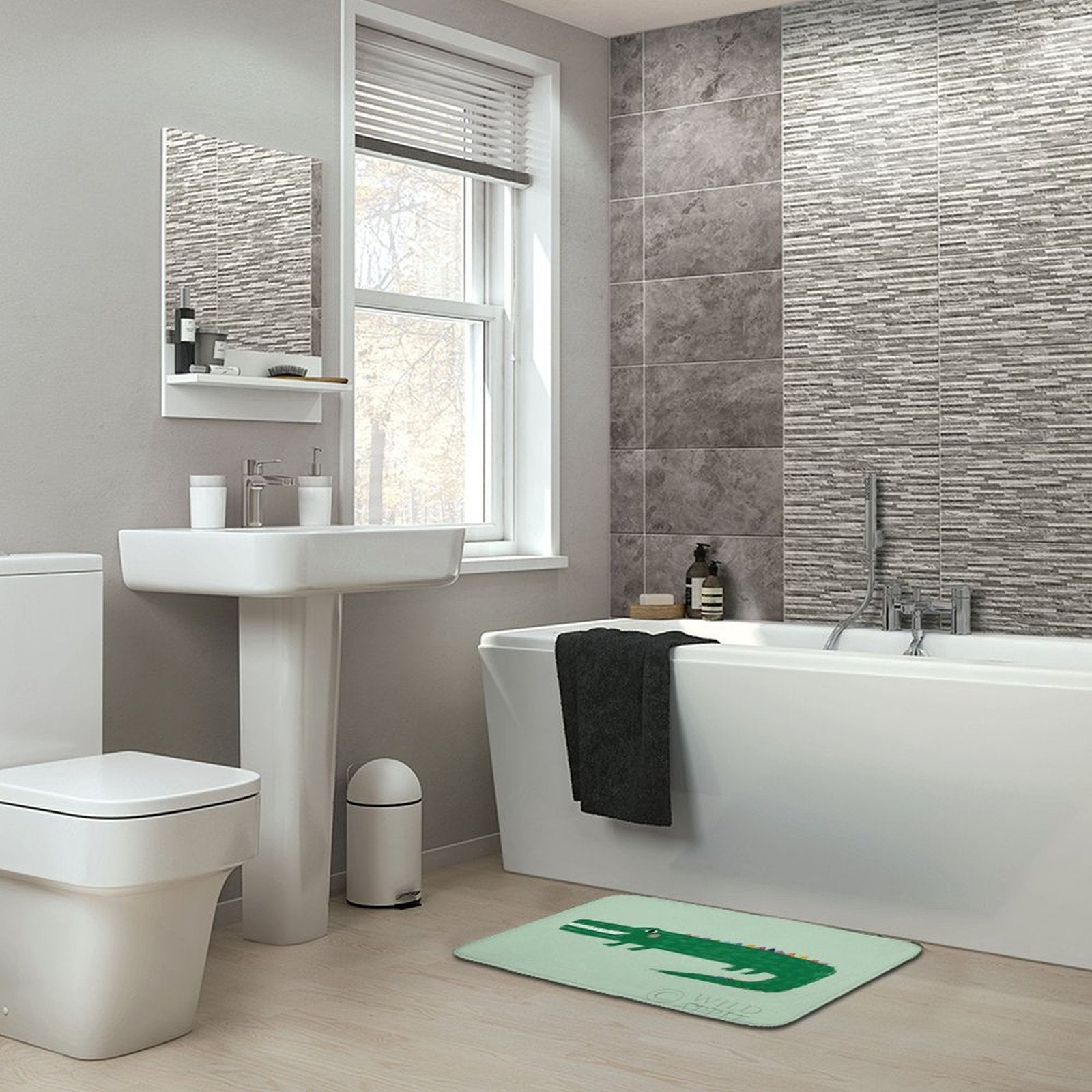 Green alligator bath rug by Wild Apple in bathroom. Non-slip, coral velvet floor mat for bathroom decor.