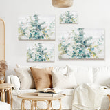 Eucalyptus I on Shiplap Canvas Print set in a modern living room; Watercolor art with green and blue leaves for home decor.