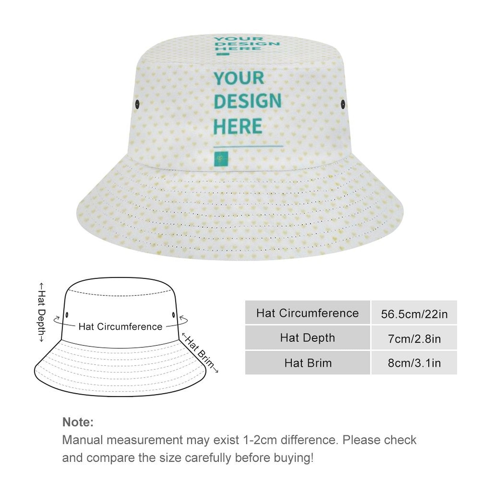 Personalized bucket hat with 'YOUR DESIGN HERE' design, for fishing, hiking, and travel.
